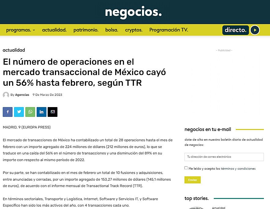 El nmero de operaciones en el mercado transaccional de Mxico cay un 56% hasta febrero, segn TTR